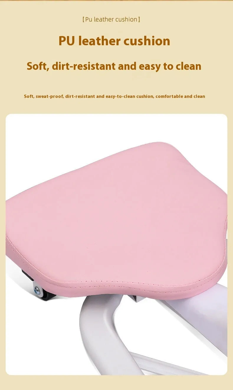 A pink leg stretching device with a steel frame and foam padding, shown alongside a blue model with a backrest.
