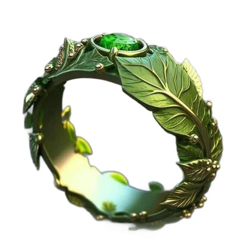 Gold leaf ring with inlaid zircon and dripping enamel glaze, unisex fashion OL style, US sizes 6-10