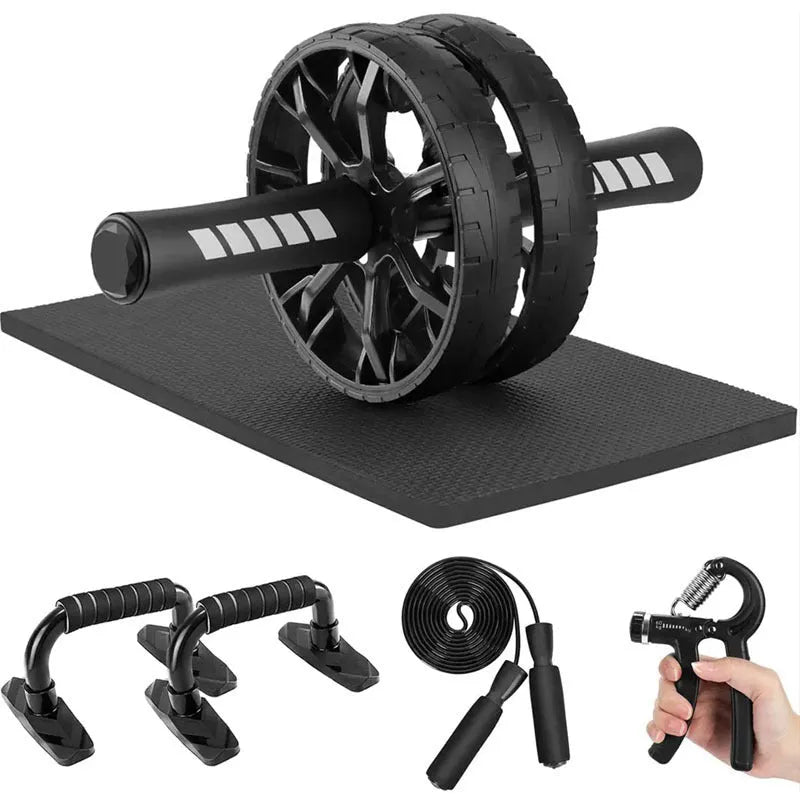 Set of seven abdominal wheel push-up brackets in red, green, black, and blue colours for indoor fitness