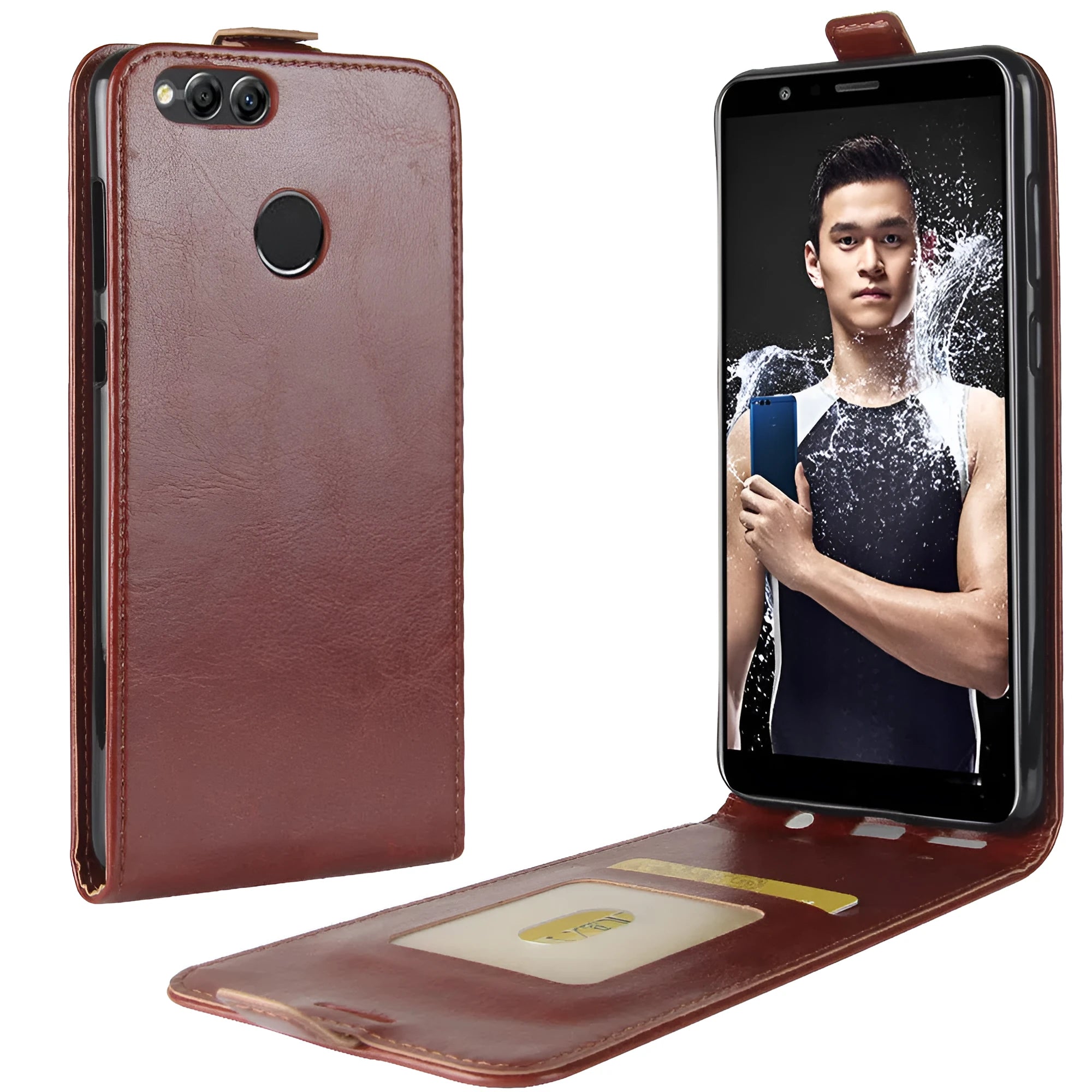 Huawei Honor 7X leather wallet phone case in a choice of colours showing card slots and crazy horse texture.