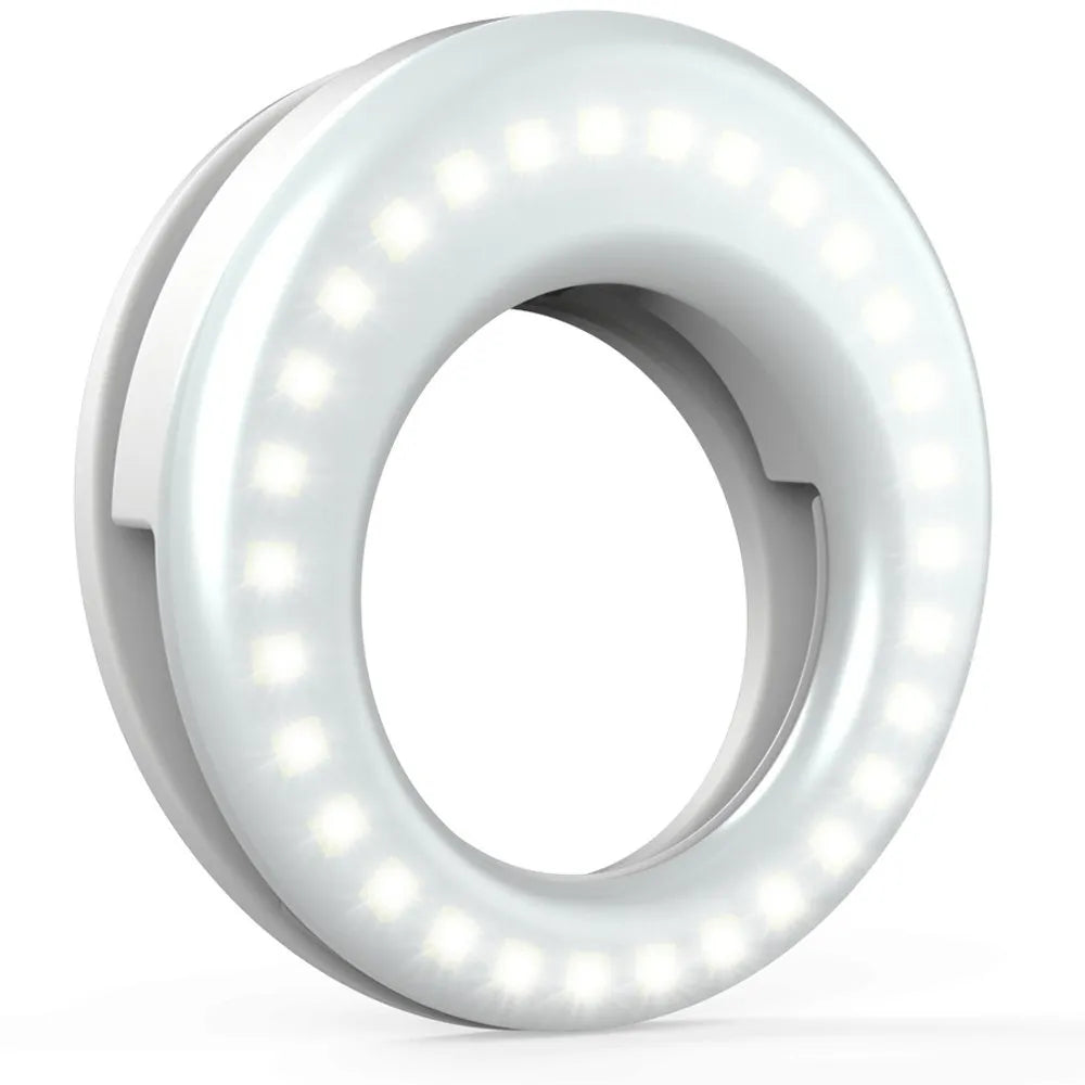 Compact black selfie ring light with USB cable for mobile phone photography and video lighting.