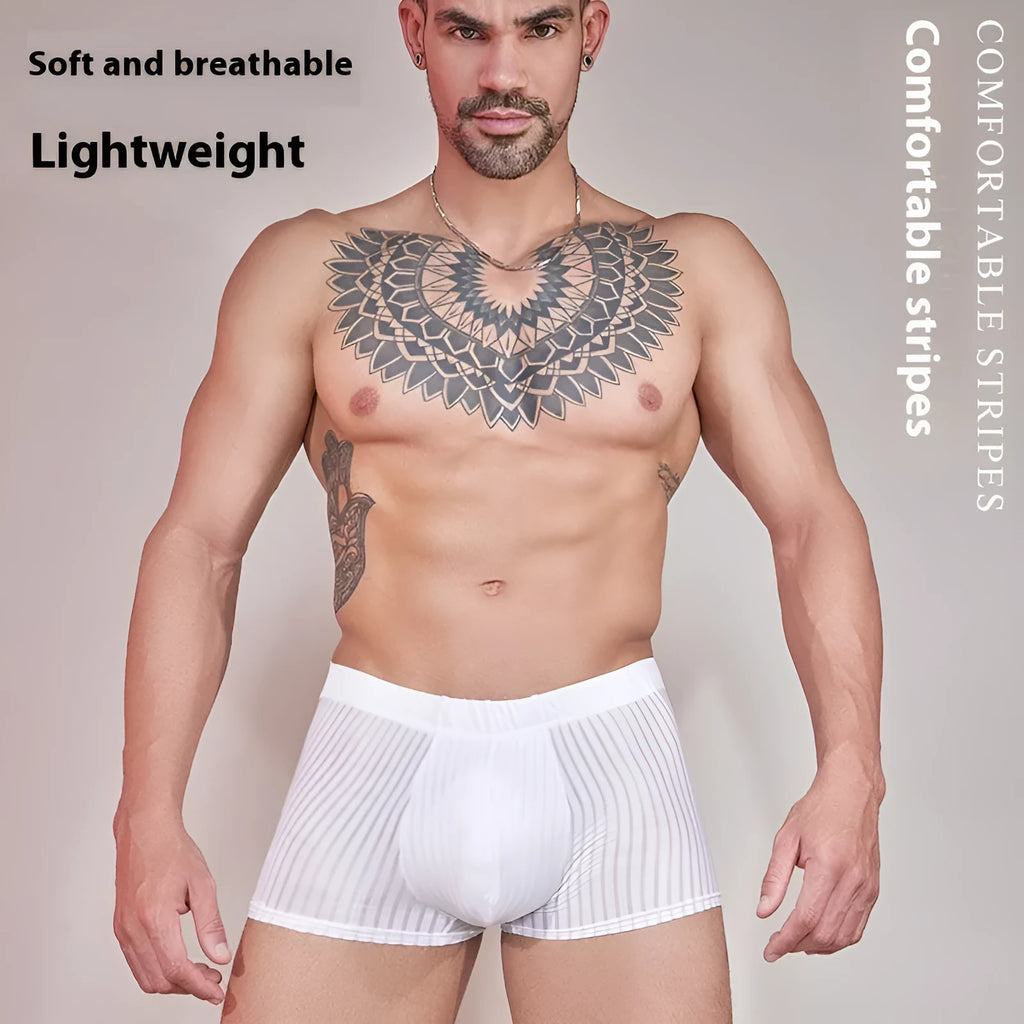 Men's thin striped underwear in black, dark gray, or white colours, showing lightweight nylon fabric.