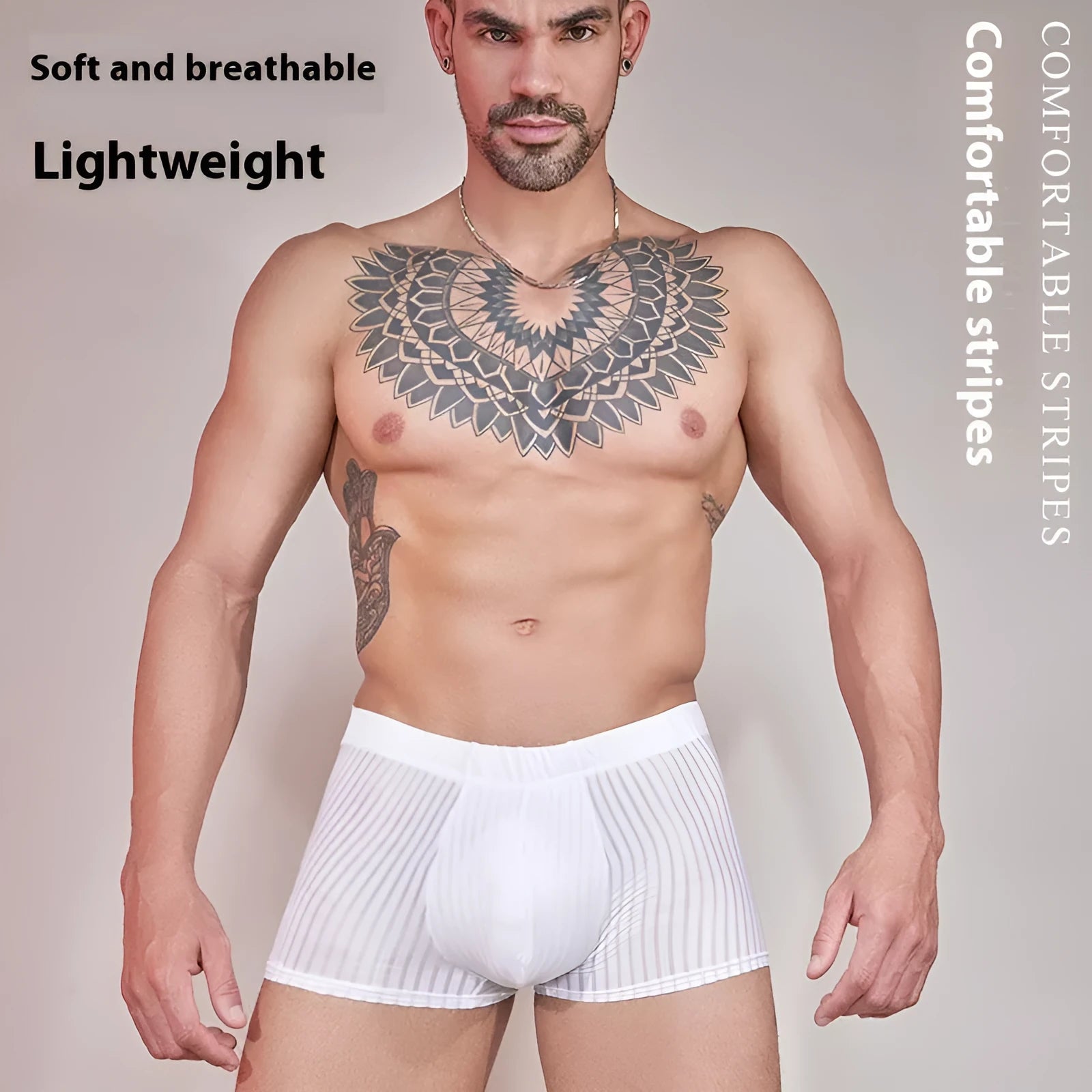 Men's thin striped underwear in black, dark gray, or white colours, showing lightweight nylon fabric.