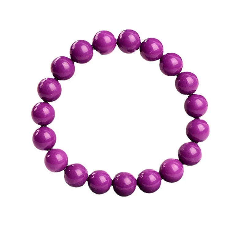Jiuya polished purple mica crystal bracelet shown in three bead size variations on a wrist.