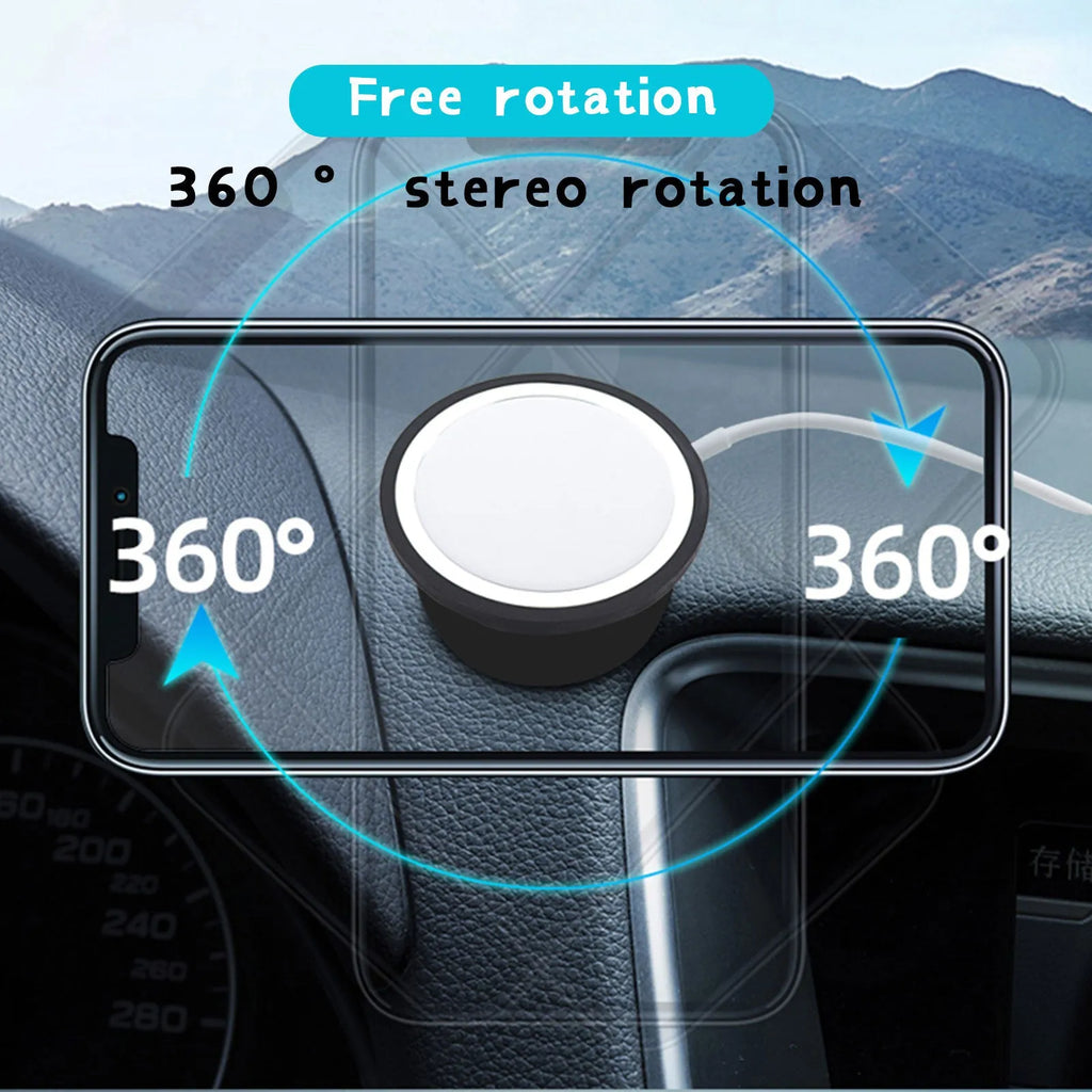 Black plastic magnetic car phone holder with dashboard and air vent mounting brackets
