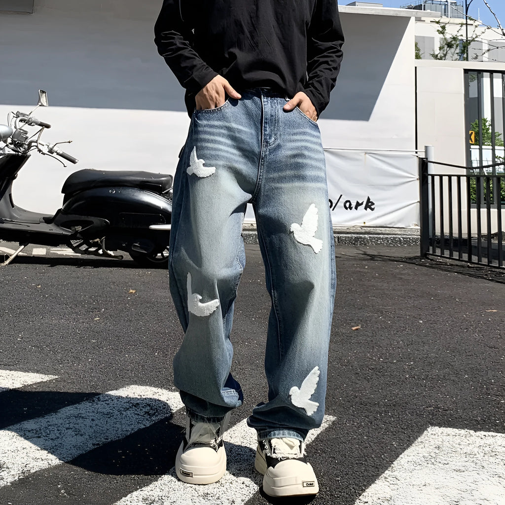 Men's mid-waist straight-leg jeans in blue cotton denim with button placket available in multiple sizes