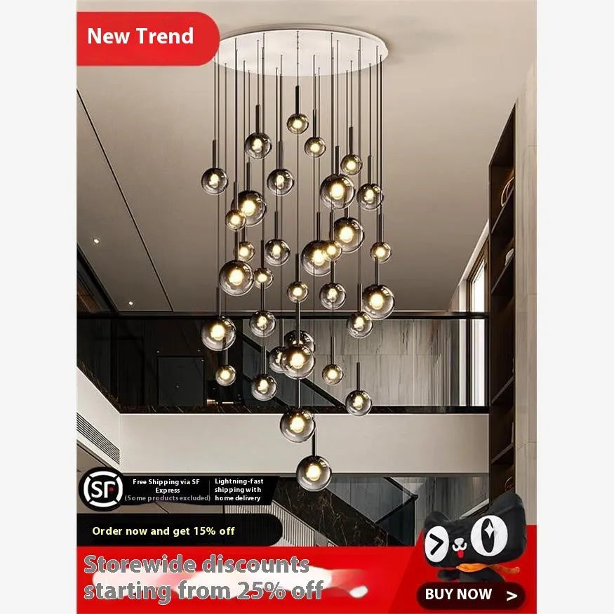 High-grade empty chandelier rotating staircase long chandelier glass ceiling lamp 3 heads shiny black