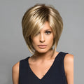 Golden wig headgear with high temperature wire hair and oblique bangs on a stand