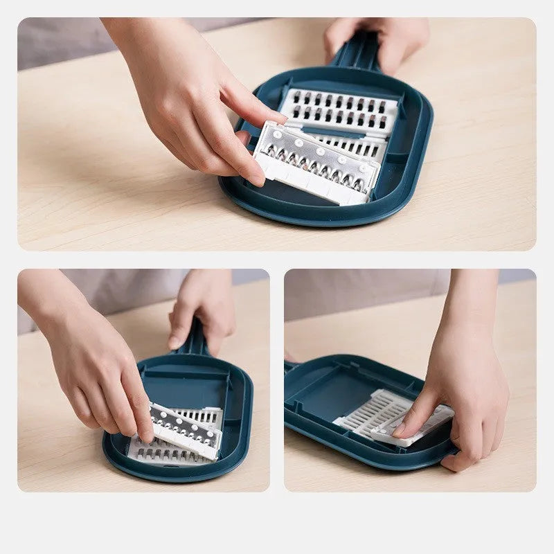 Vegetable cutter with four blades, hand protection, drain basket and bottom basin in dark blue, pink, white or light blue