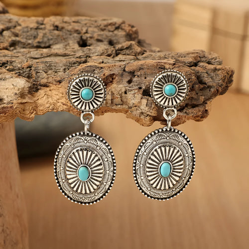 Silver-turquoise alloy drop earrings with retro pumpkin flower design and electroplated finish.