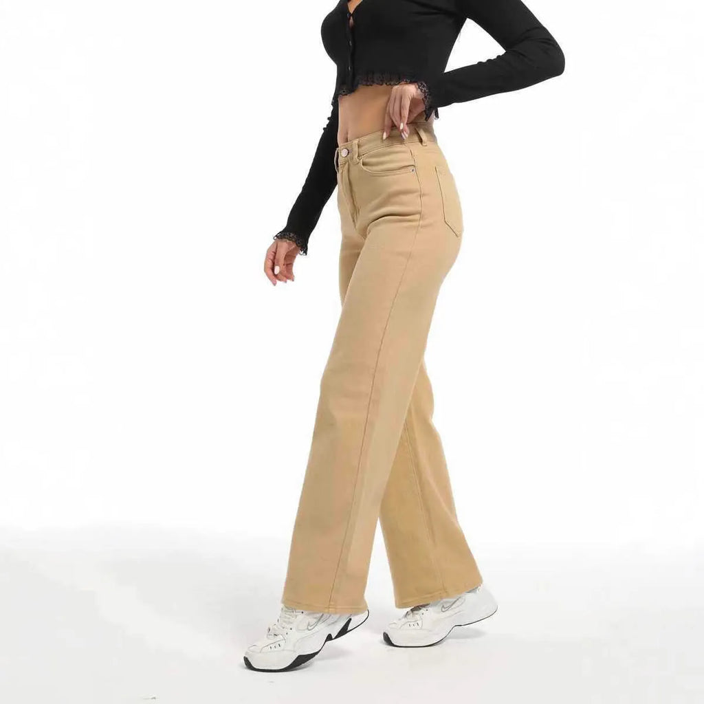 Women's high waist wide leg straight jeans in apricot and khaki colours