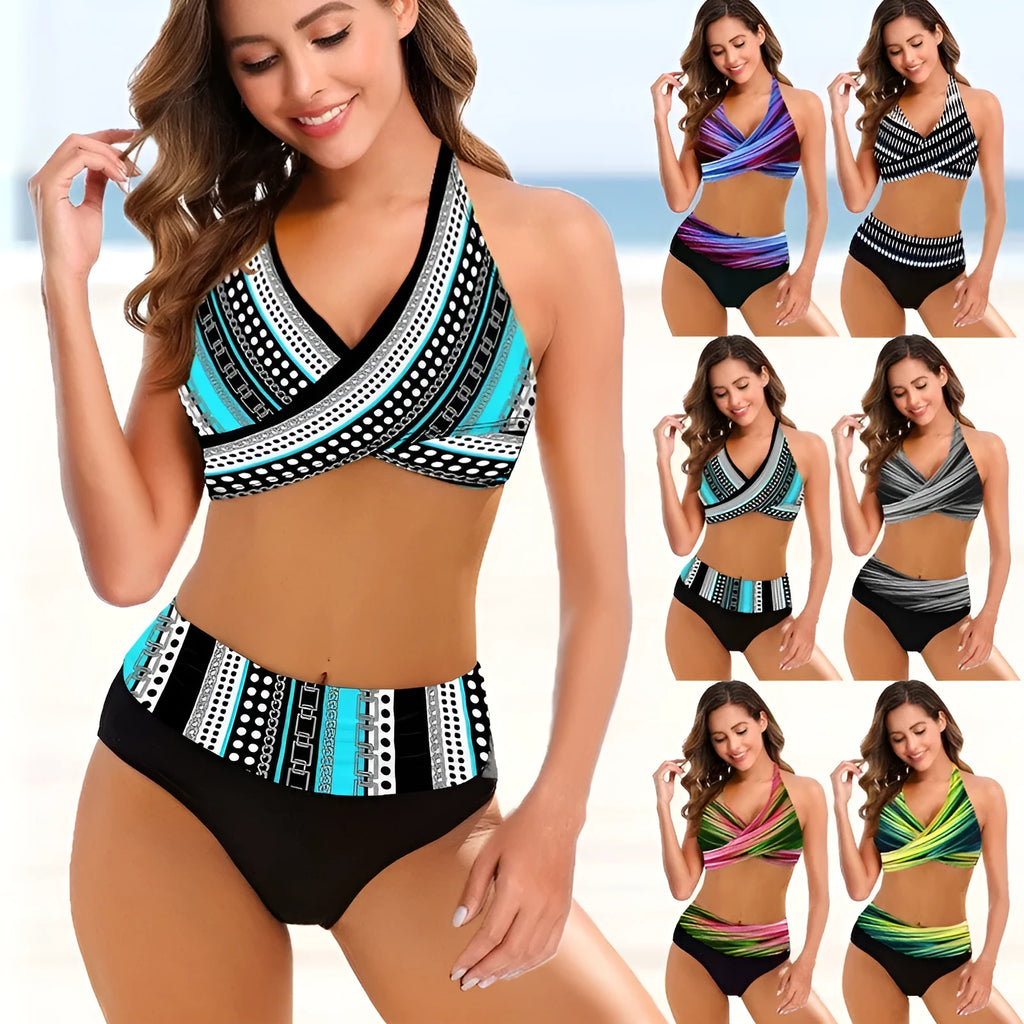 Ladies striped tie-dye hollow bikini set with high-waist briefs on a model