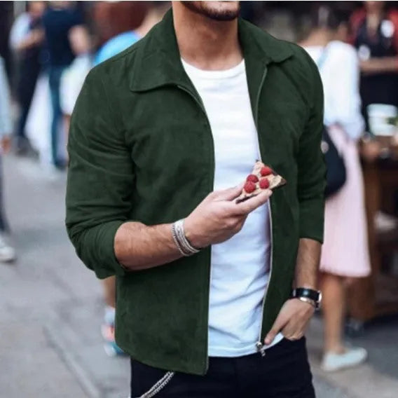 Men's slim turn-down collar jacket in khaki with zip front and long sleeves