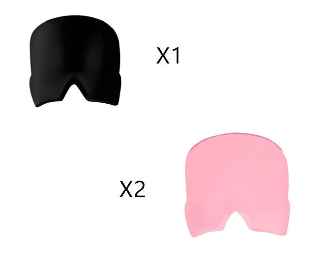 Black elastic ice gel headache relief eye mask shown on a mannequin head, adjustable for 42-66cm circumference.