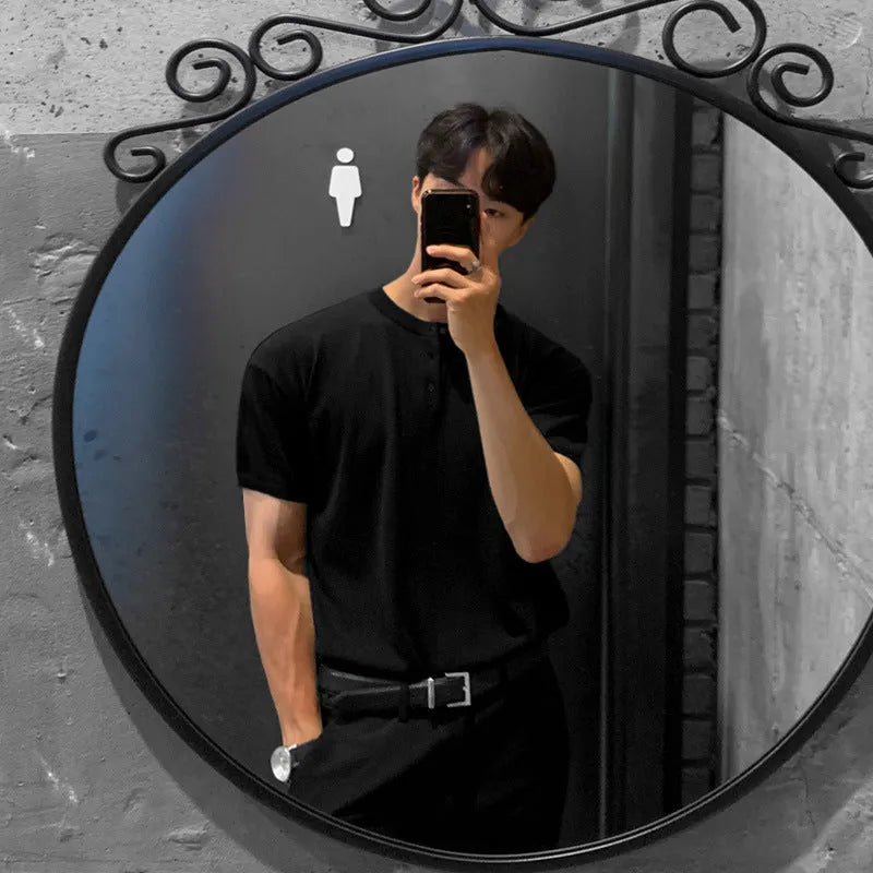 Men's black slim-fit short-sleeved knitted pullover shirt made from Vinylon fabric.
