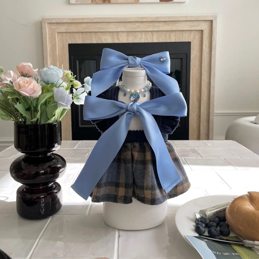 Adjustable princess style dog hair band with tension bow on polyester cotton ribbon
