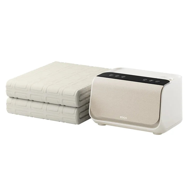 Aideng white electric water blanket with smart host controller on a bed.