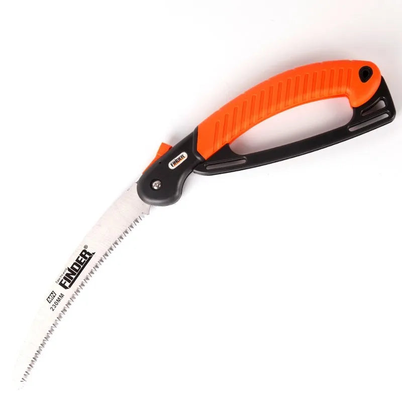 A folded and open 230mm folding garden saw with a TPR grip and 65MN steel blade.