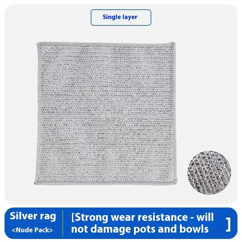 Silver wire kitchen scrubber with attached microfibre rag for double-sided pot cleaning