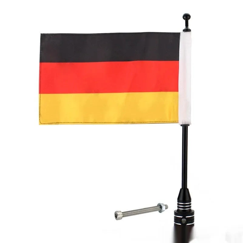 Motorcycle side box mounting flagpole in silver or black for luggage rack attachment