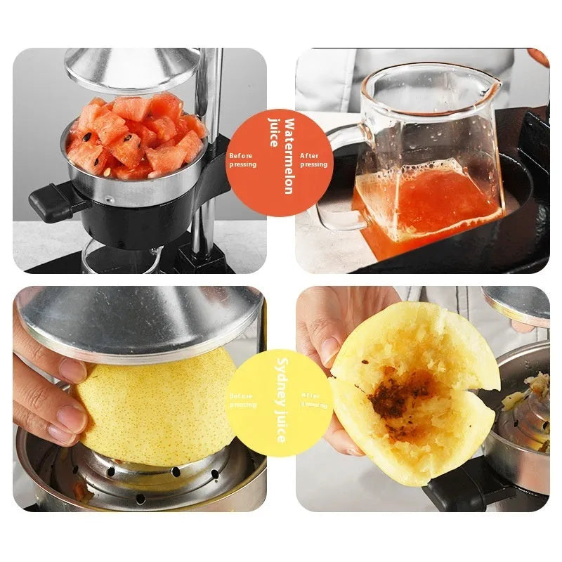 Black and white cast iron manual citrus juicer with stainless steel strainer, 40cm tall