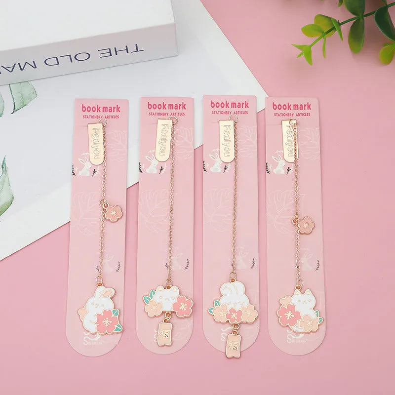 Metal pendant bookmark with cherry blossom cat design and sakura motifs
