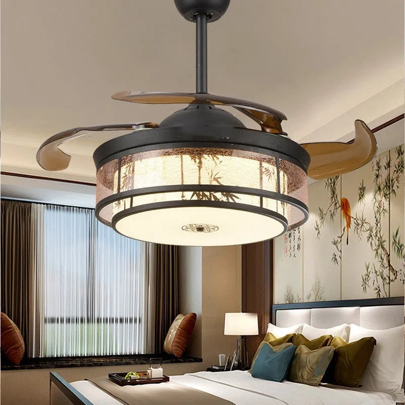 42 inch Chinese style ceiling fan chandelier with ABS blades, gauze sheepskin cover, and tricolor dimming light