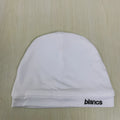 White polyester cap with embroidered letter detail, front view