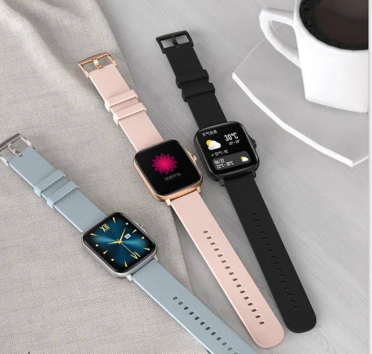 Smart sports watch with blue strap and 1.7-inch colour touch screen displaying time and heart rate.