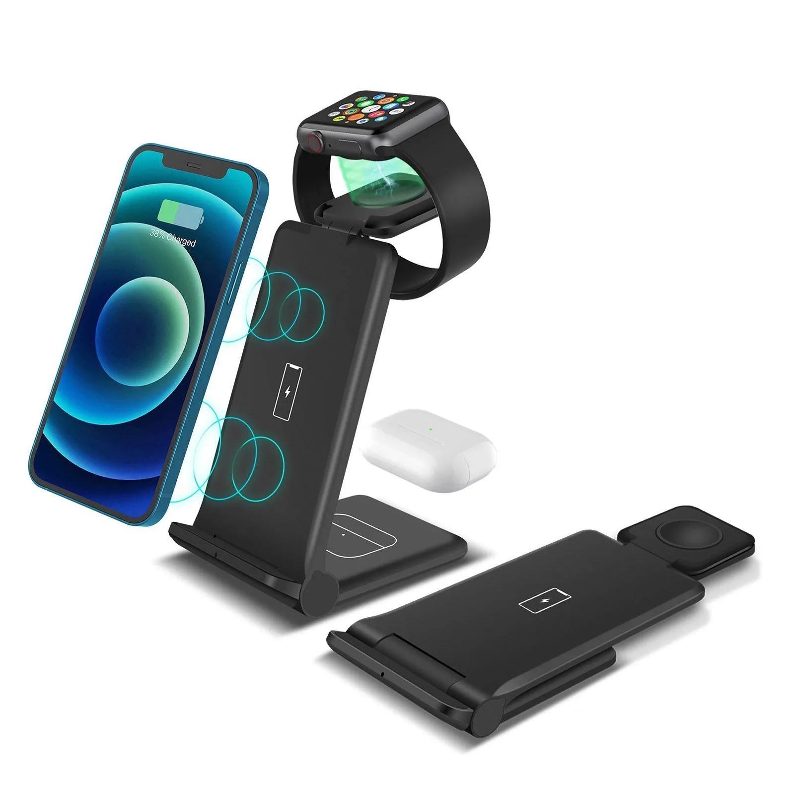 Foldable 3-in-1 wireless charging station dock for phone, Apple Watch and AirPods in black and white.