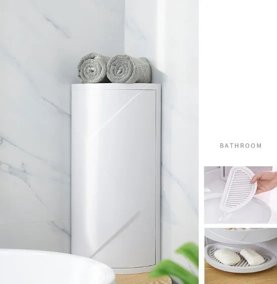 Plastic punch-free 3-tier corner shelf in Nordic white or elegant grey for bathroom or kitchen wall.