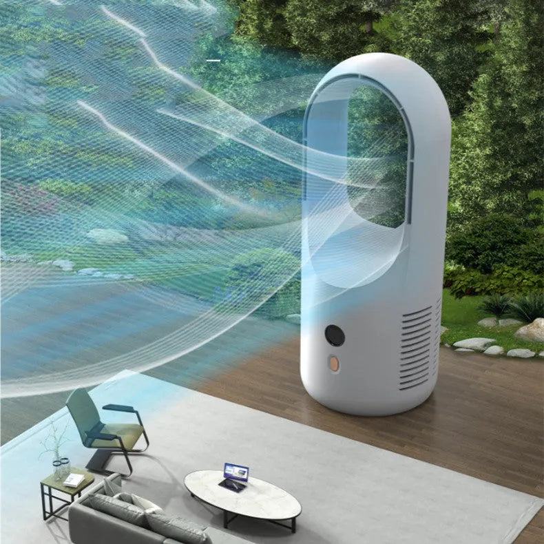 Electric bladeless fan cooler with LED display and Type-C charging port on a desk