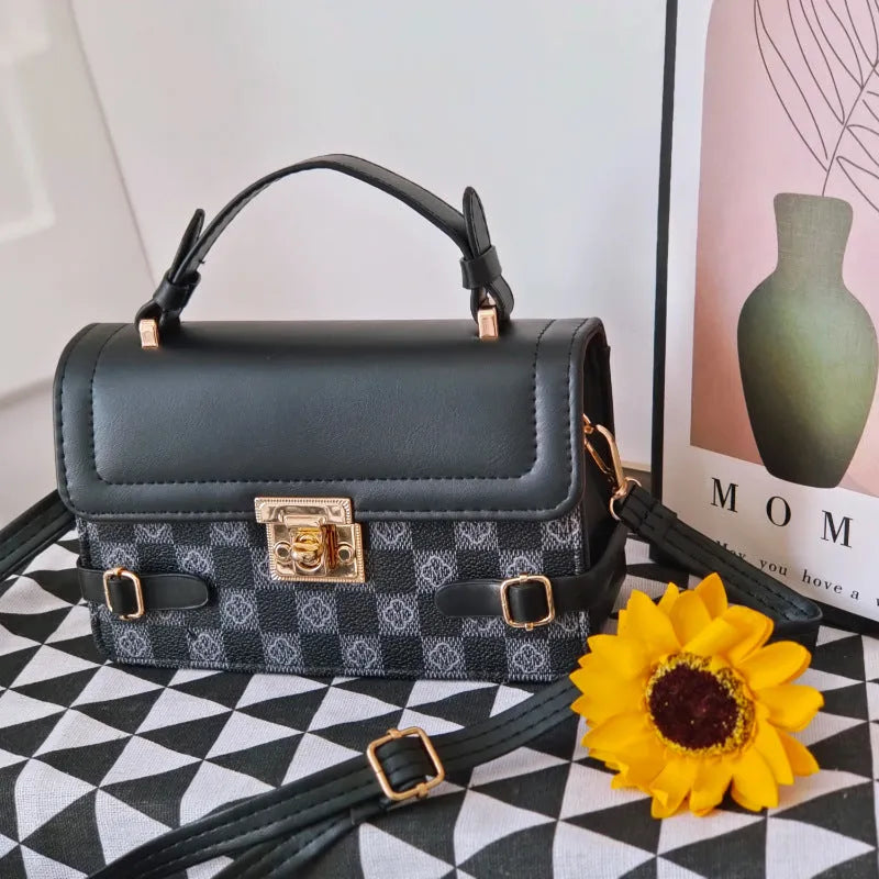 Retro patterned PU leather crossbody bag in a horizontal square shape on a white background.