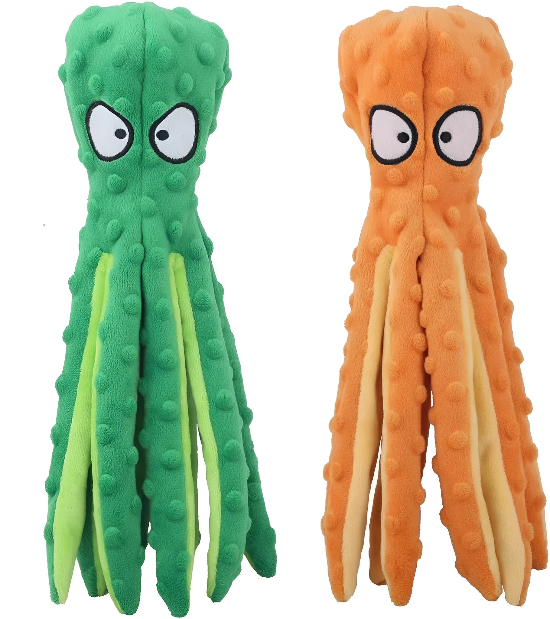 Blue octopus-shaped plush dog toy with crinkle paper and squeaker features on a plain background.