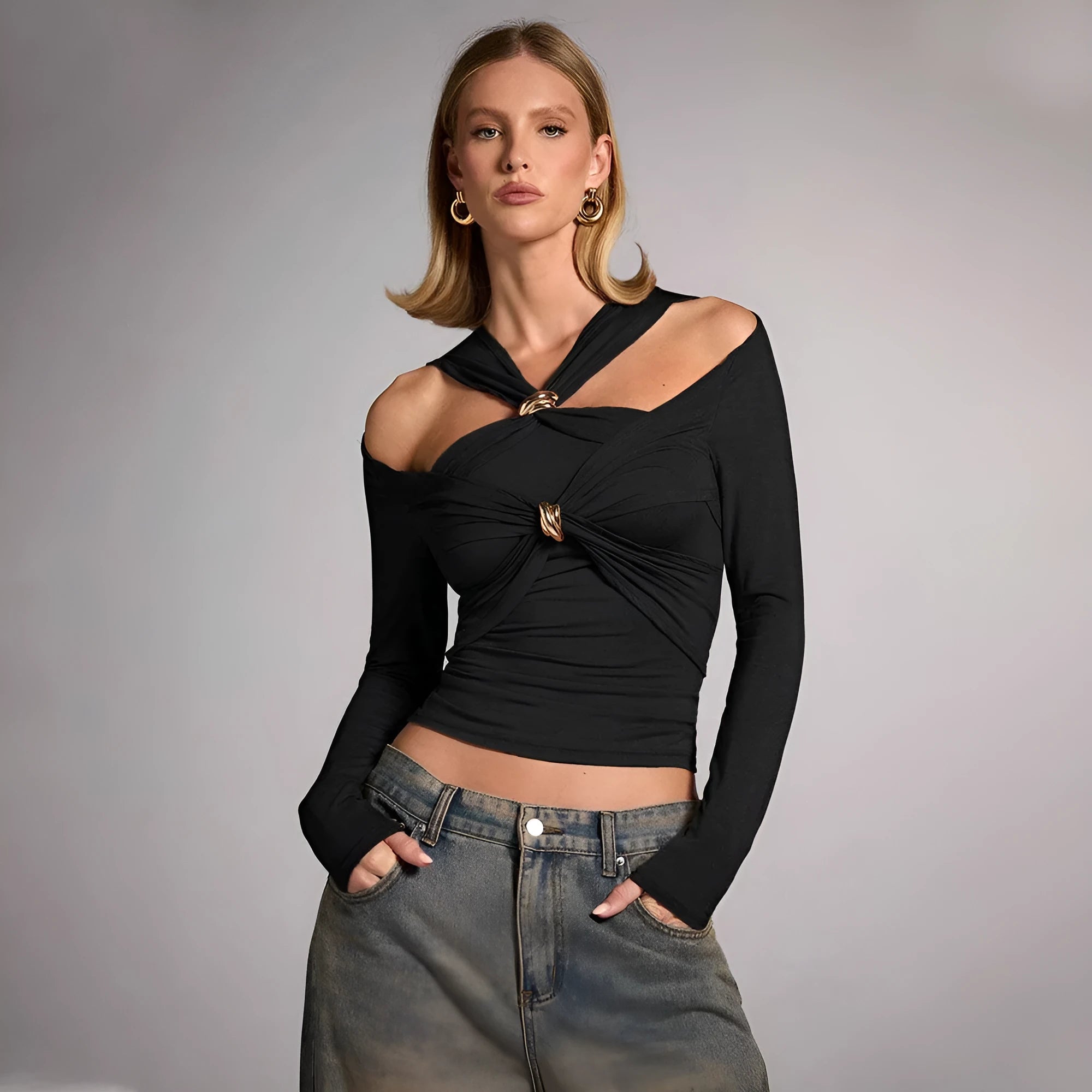 Black women's halter top with slim fit and long sleeves on a model.