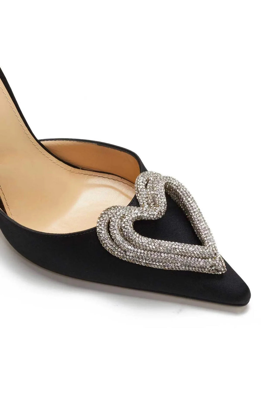 Women's black satin sandals with heart rhinestone detail and pointed toe, showing winding tape wearing method
