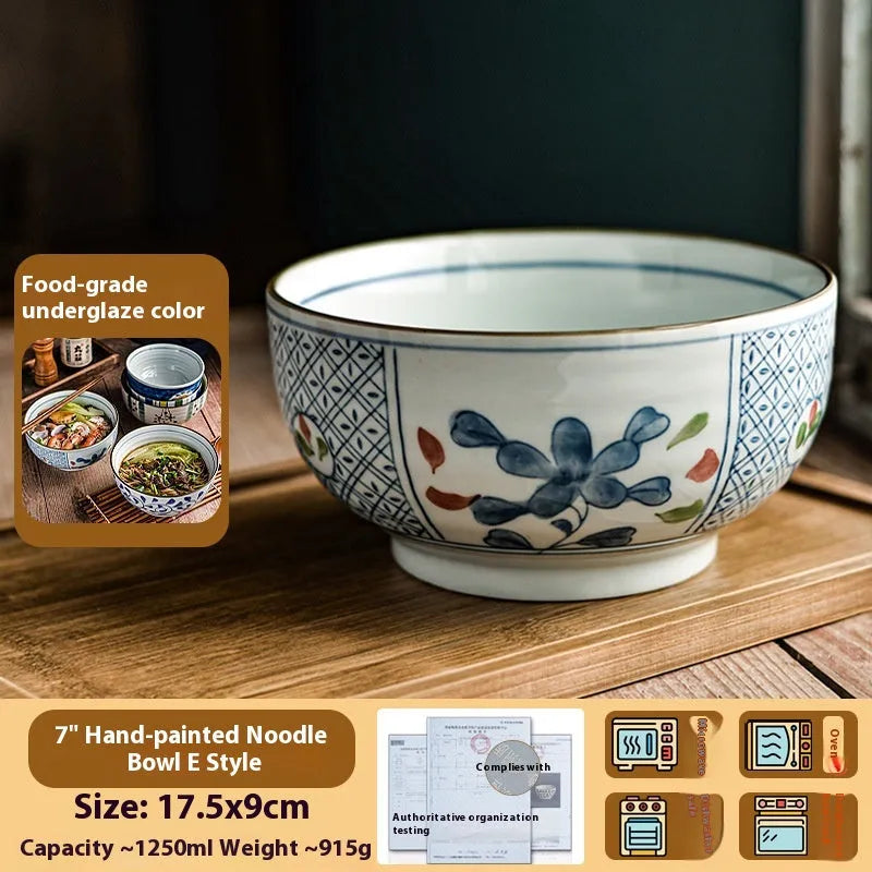 Ceramic 6-inch hand-painted noodle bowl with underglaze pattern and tortoise shell spoon