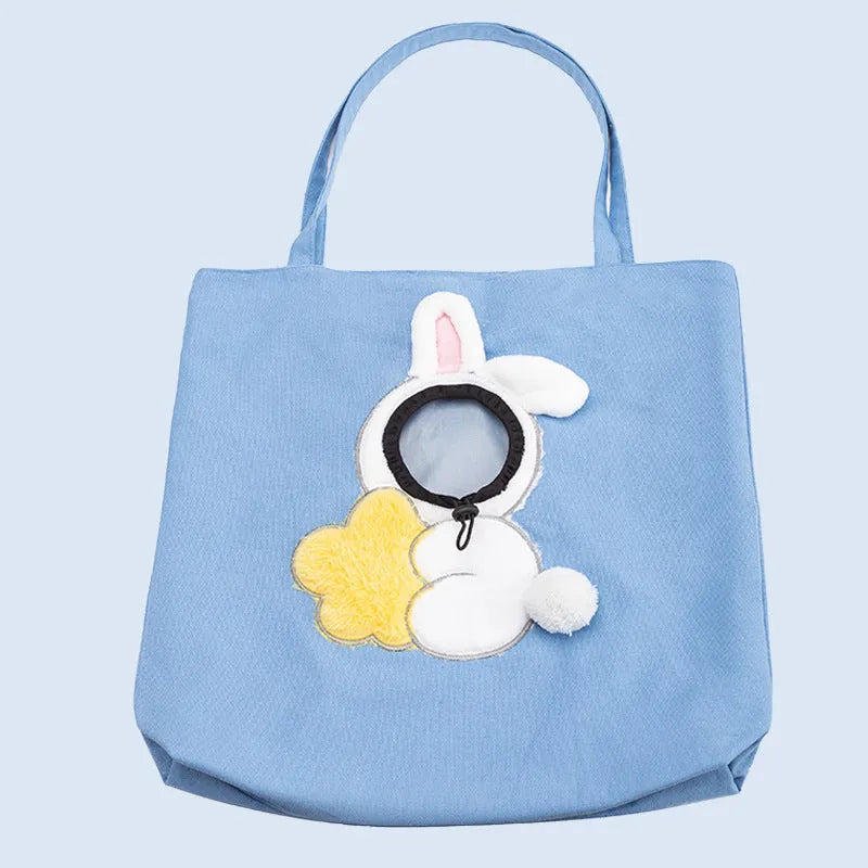 Canvas pet shoulder carrier bag with safety zippers and side opening in blue, grey, or yellow with animal patterns