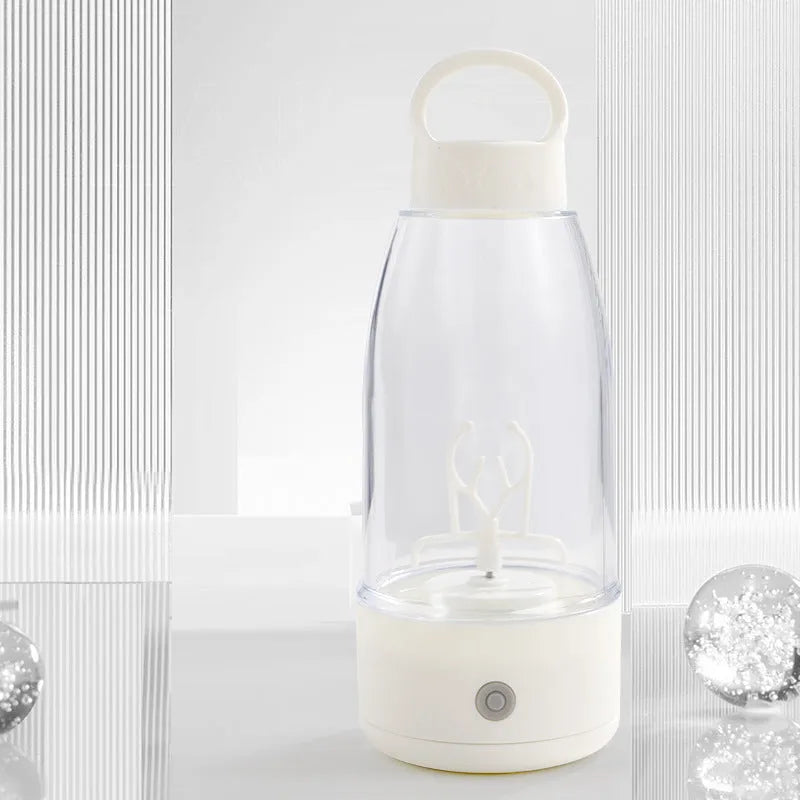 Automatic electric shaker bottle with USB port, handle, and blending blade in green, pink, or white.