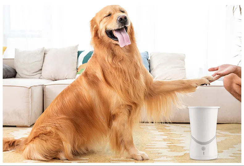 White pet electric foot washer with ABS plastic cylindrical body standing on paws