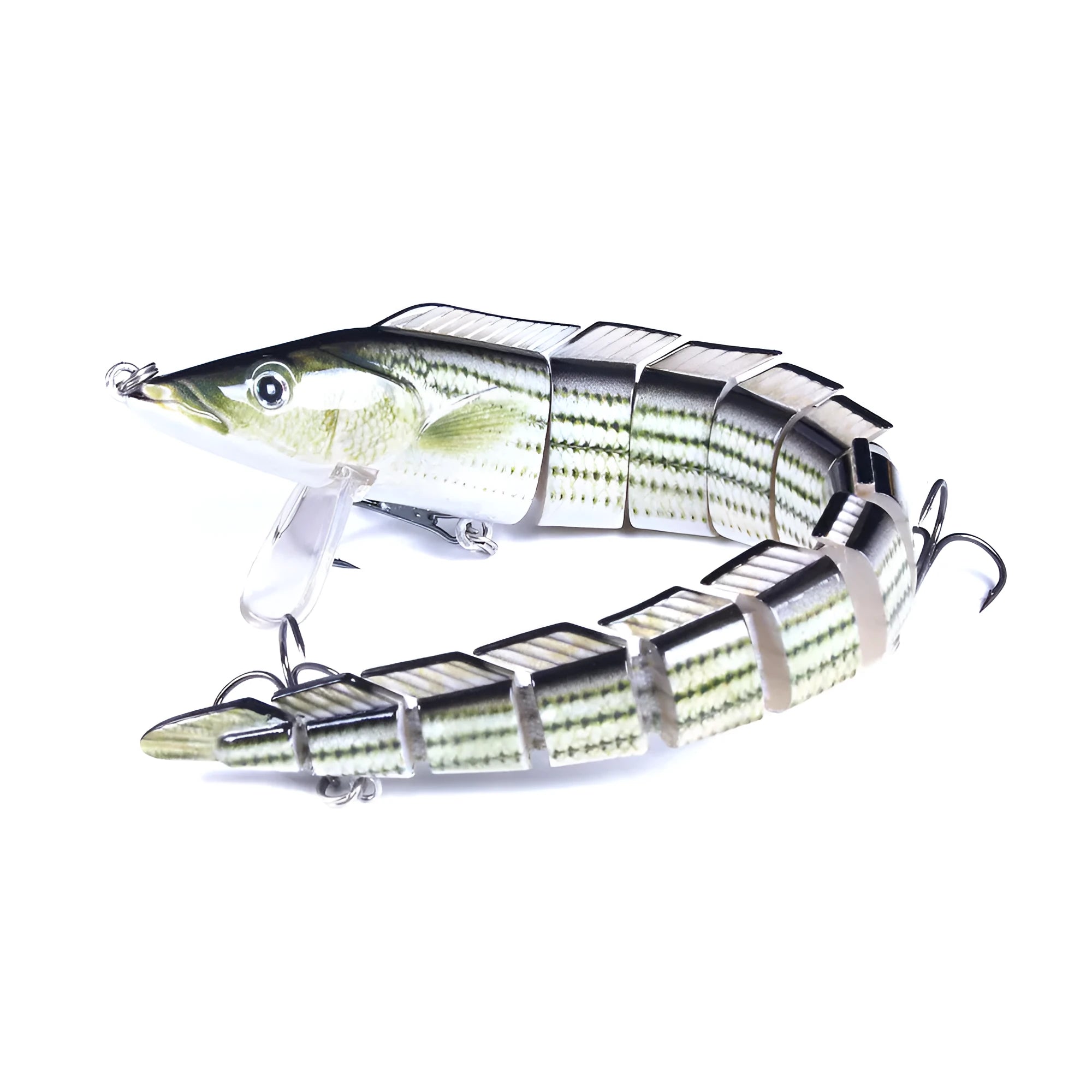 Multi-section simulated loach fishing lure showing articulated body and #2 hook