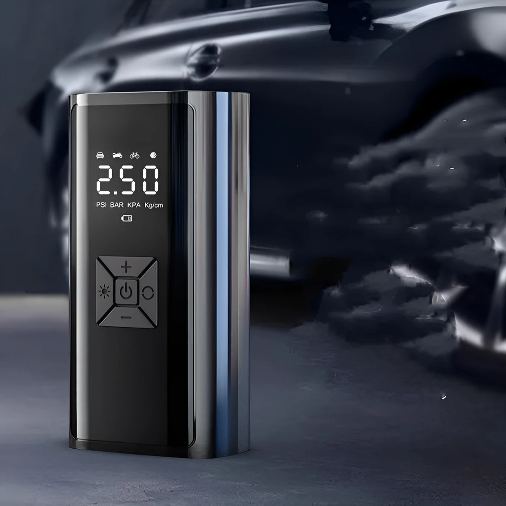 Portable wireless car tyre pump with digital display showing pressure readings