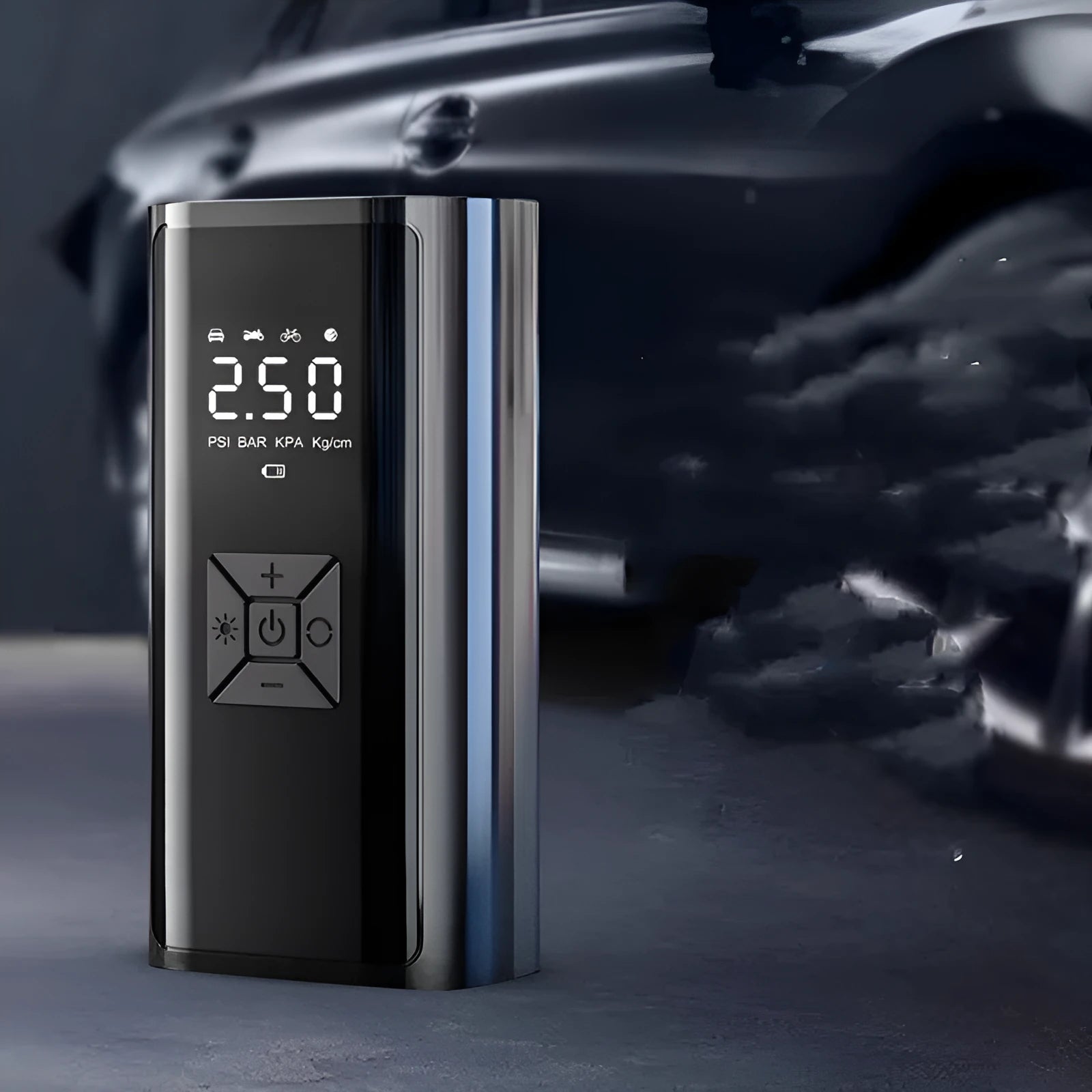 Portable wireless car tyre pump with digital display showing pressure readings