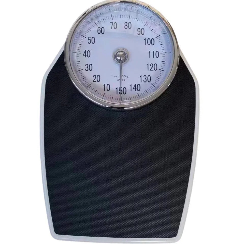 Black mechanical bathroom scale with large dial on a 47x35 cm platform.
