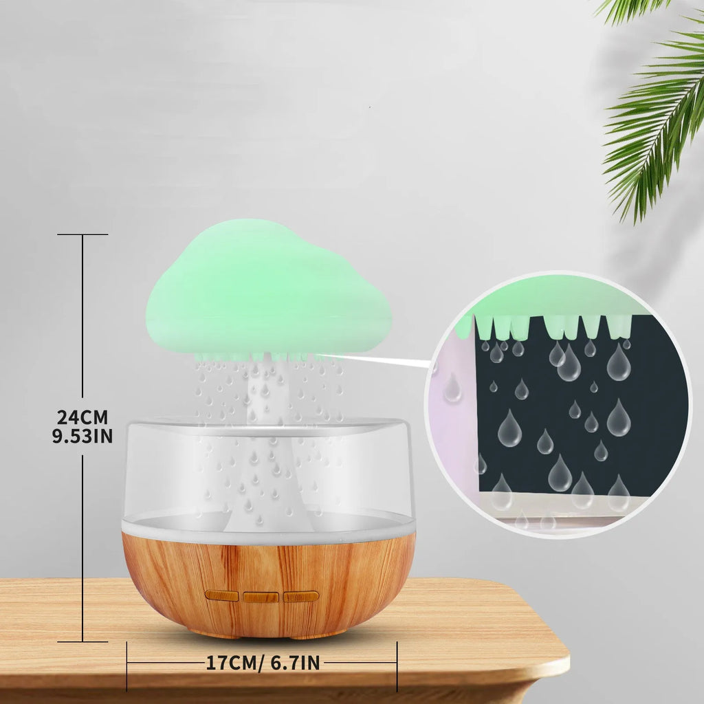 White raining cloud shaped humidifier with coloured LED light and USB cable.