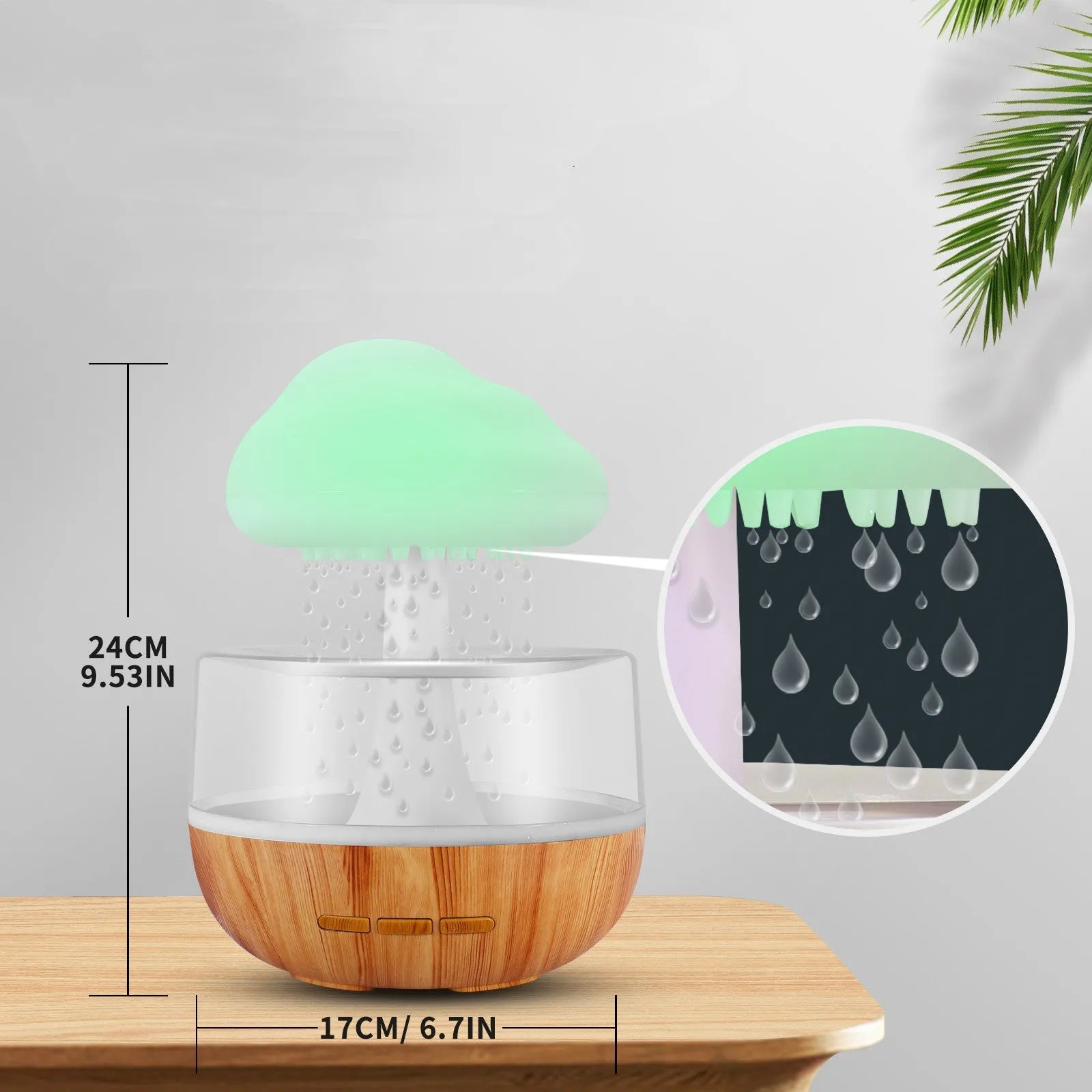 White raining cloud shaped humidifier with coloured LED light and USB cable.