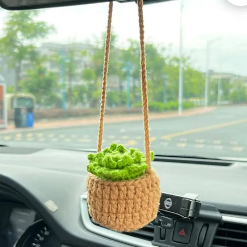Green and white knitted car plant ornament with hanging rope for dashboard or mirror decoration
