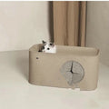 Foldable khaki felt cat bed shown in both unfolded and compact folded positions.