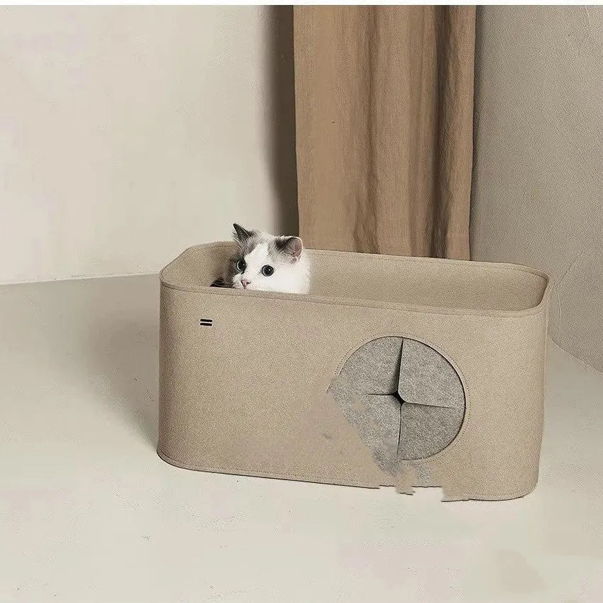 Foldable khaki felt cat bed shown in both unfolded and compact folded positions.