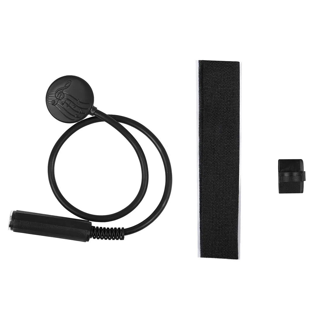 Black universal guitar pickup clip, 40.7cm, with microphone, Velcro strip, and buckle for musical instrument use